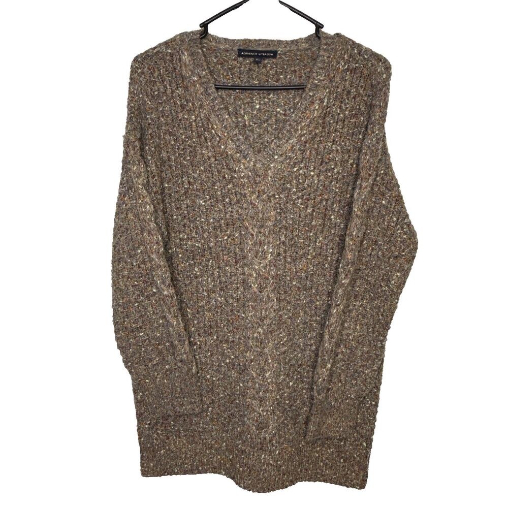 Adrienne Vittadini Womens Size XL V-Neck Long Sleeve Cable Knit Sweater Brown